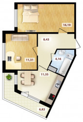 Двухкомнатная квартира 54.87 м²